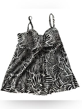 Krista NWT Black White Tropical Leaf Tankini Top XL Hip Minimizer Beach